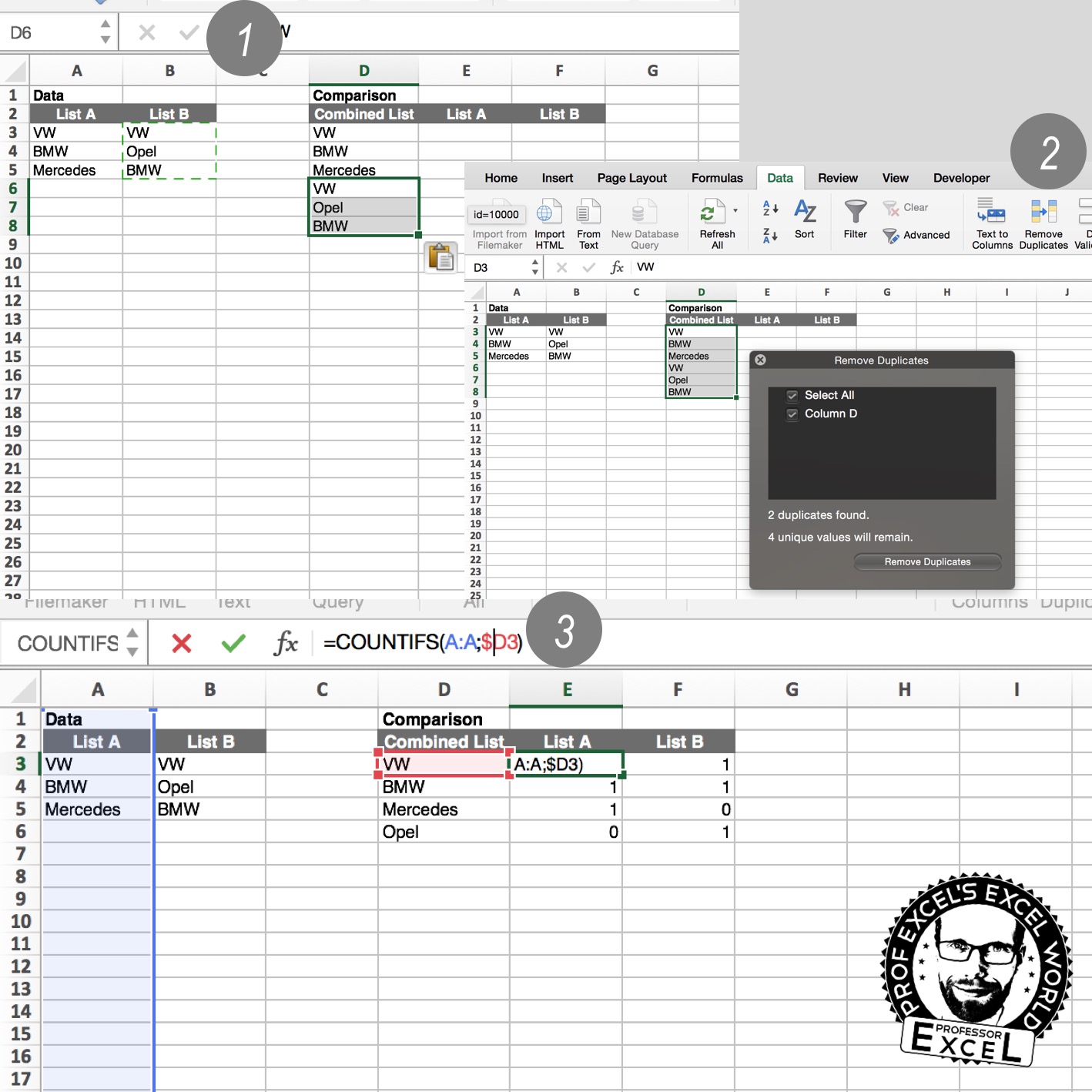 compare, comparison, lists, steps, step by step, excel, table, tables