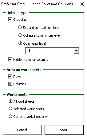 hide, unhide, manager, rows, columns, add-in, excel, grouping