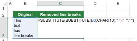 formula, substitute, line, breaks, excel