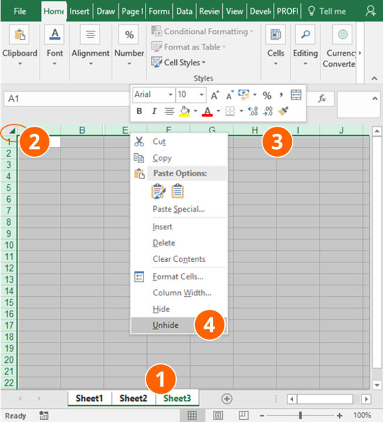 unhide, all, worksheets, rows, columns, excel