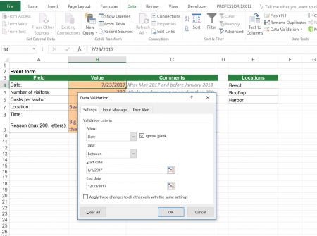 data, validation, data validation, restrict, allow, cell, excel, date, between