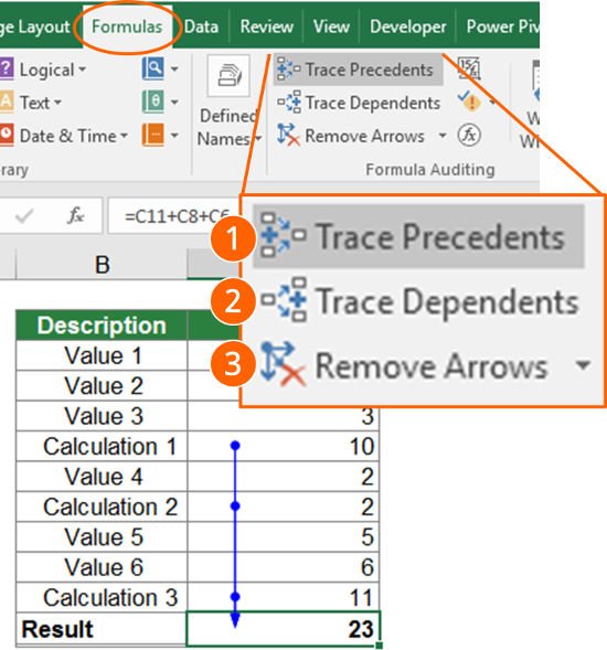 trace, depending, preceding, precedents, dependents, cells, referenced, linked