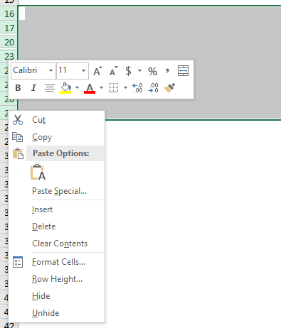 Unhide all hidden rows by selecting the rows "around" the hidden row. Then right-click on any row number and click on "Unhide".