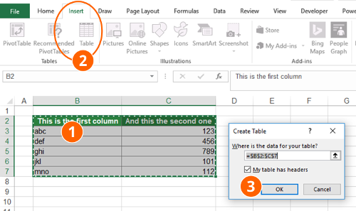 insert, table, data, table, excel