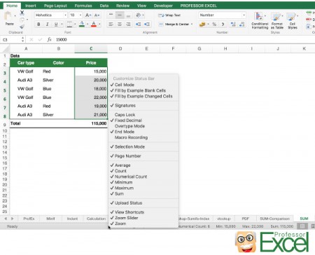 excel sum status bar professor fastest way values checking