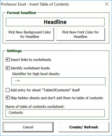 table, of, contents, add-in, professor, excel, tools, table of contents, directory, index