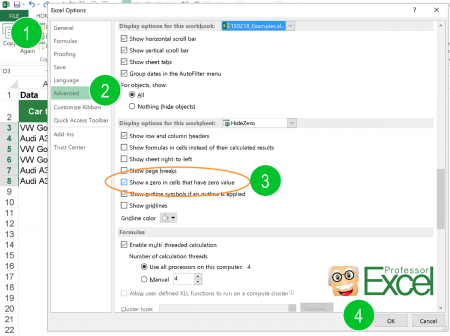 worksheet settings, excel, hide zero, hide zeros