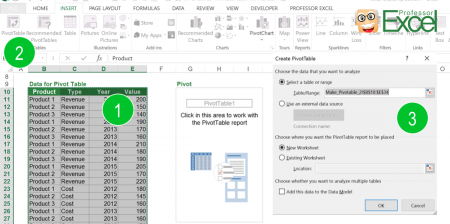 insert, pivot, steps, table, excel