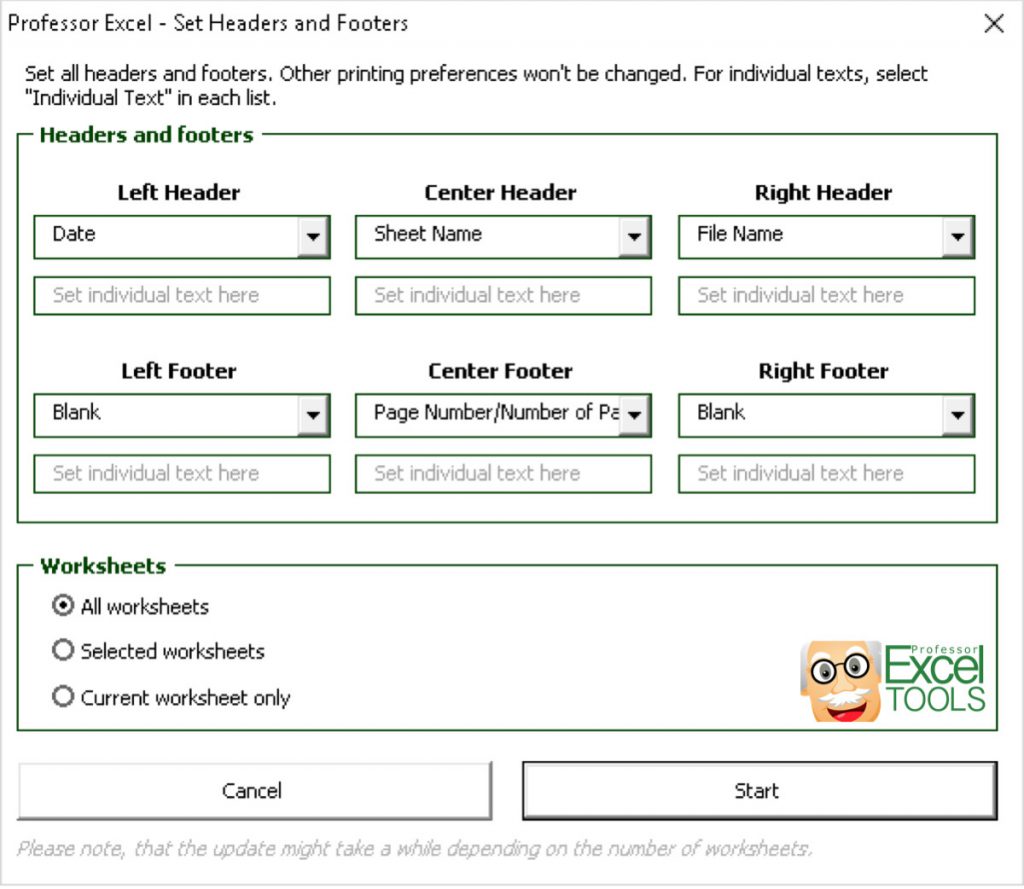 print, headers, footers, update, excel, printout