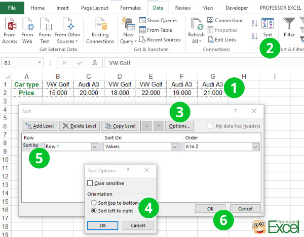 Excel, sort, left to right, horizontally