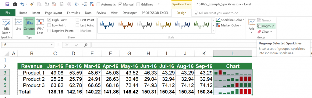 group, ungroup, sparklines, sparkline, small chart, in cell, excel