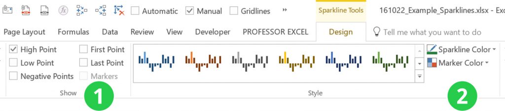 sparklines, sparkline, chart, highlight, points, high point, low point, negative