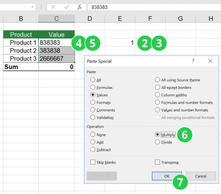 multiply, 1, one, cell, force, number, excel