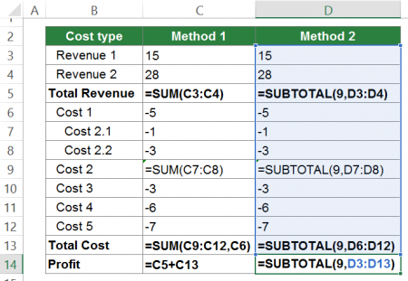 subtotal, excel, example