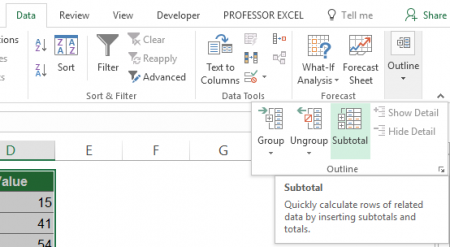 ribbon, subtotal, function, excel