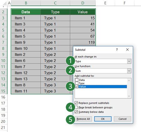 options, subtotal, subtotals, excel