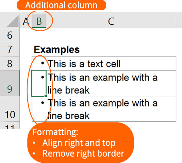 align points right, additional column, excel