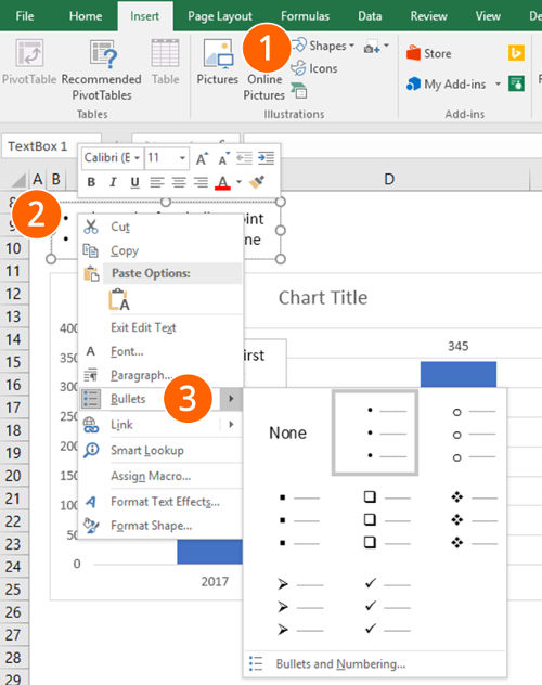 excel, bullets, bullet poins, text, box