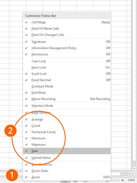 customize, change, information, status, bar, excel, sum, average, status bar