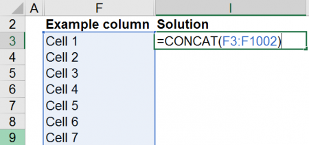 Example of how to combine 1,000 cells using the CONCAT formula.