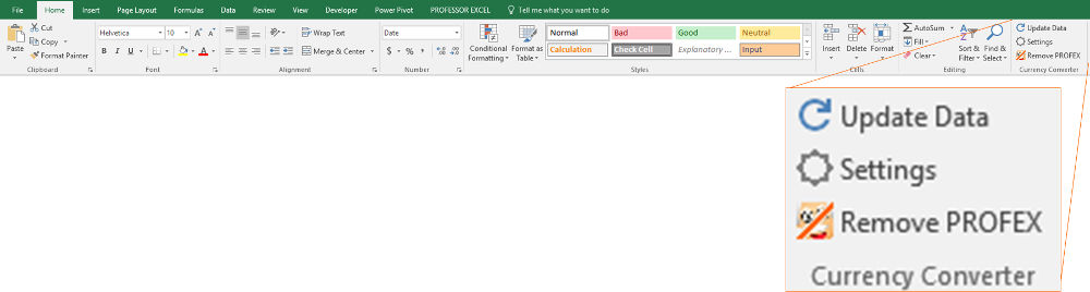 ribbon, excel, currency, converter