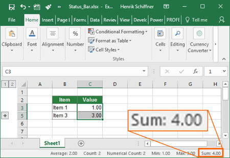 sum, correct, status bar, excel