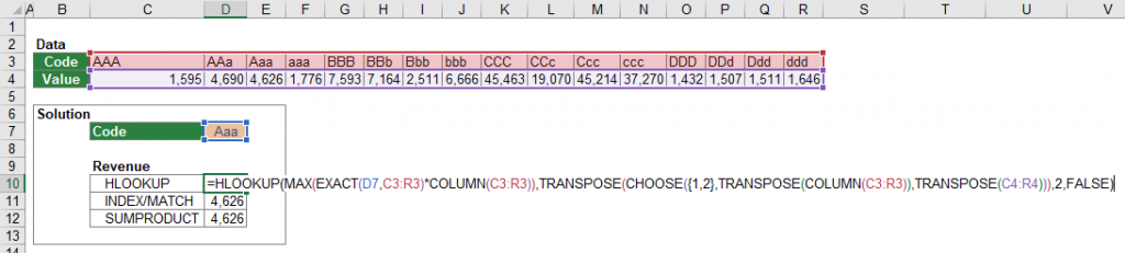 Example for a case-sensitive HLOOKUP formula.