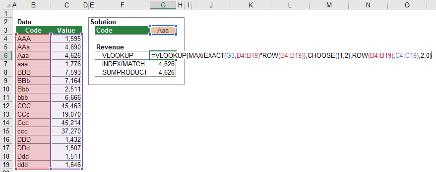 Example for the case-sensitive VLOOKUP formula.