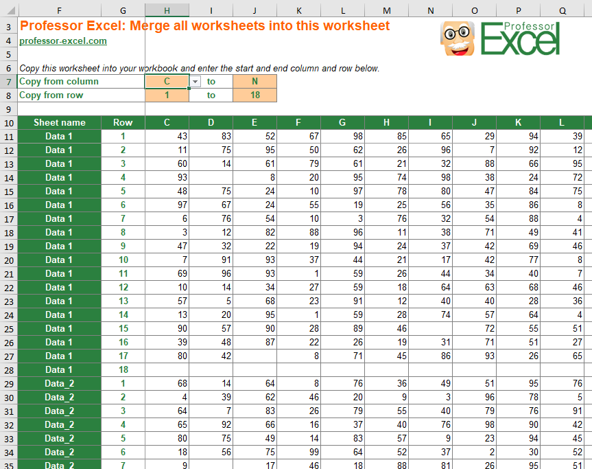 Merge Sheets: Copy this worksheet into your Excel file and all sheets are merged automatically.