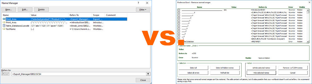 named range, defined names, hidden, not visible