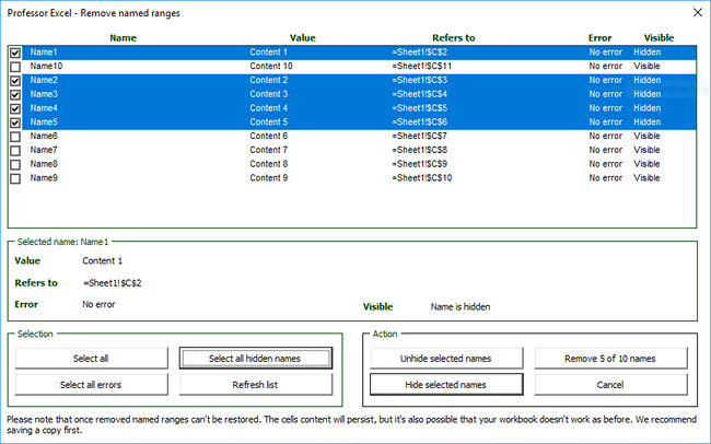 Edit all named ranges - including hidden names - with Professor Excel Tools.