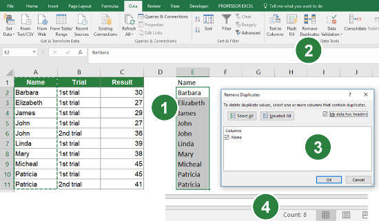 Steps for using the "Remove Duplicates" function for counting unique values.