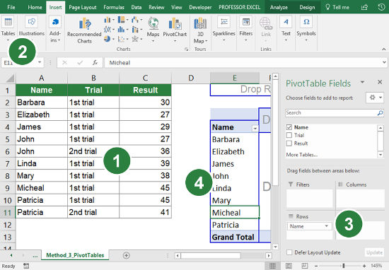 Steps for using a PivotTable to count the number of unique records.