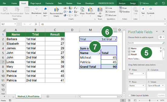 Steps for using a PivotTable to count the number of unique records under several conditions.