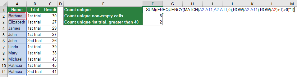 Example formula counting the number of unique records using the FREQUENCY formula.