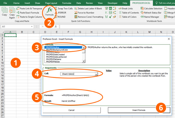 Professor Excel Tools also provides a formula creator that helps you inserting the special formulas.