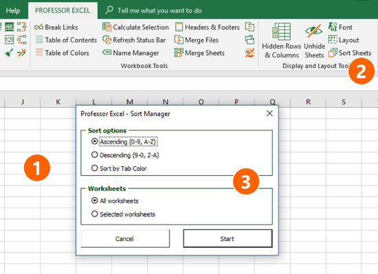 Sort worksheets using the Excel add-in "Professor Excel Tools".