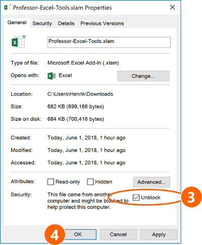 Unblock file in order to prevent Excel add-in to disappear