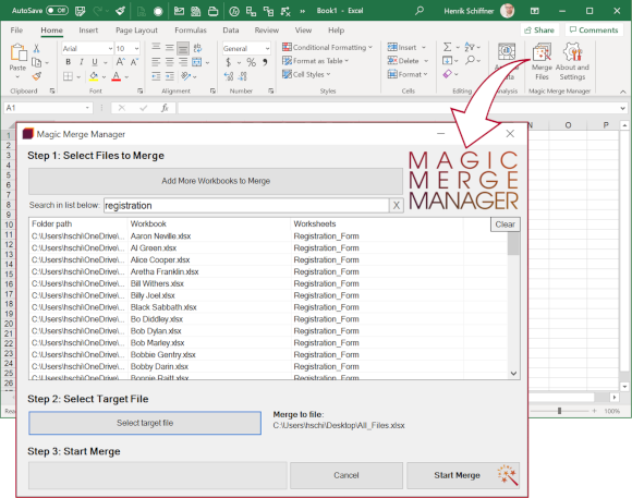 Use "Magic Merge Manager" to combine all Excel files.