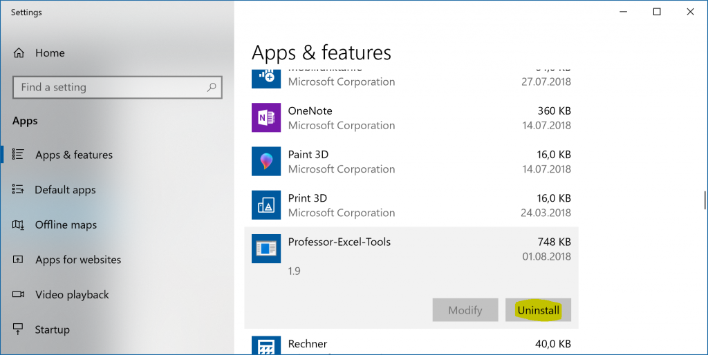 Uninstall Professor Excel Tools