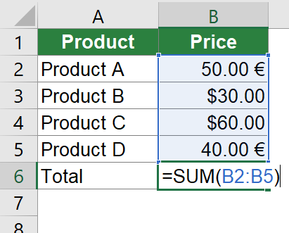 Problem: Information is stored in the number format code of the Excel cell, for example the currency "USD" or "EUR".