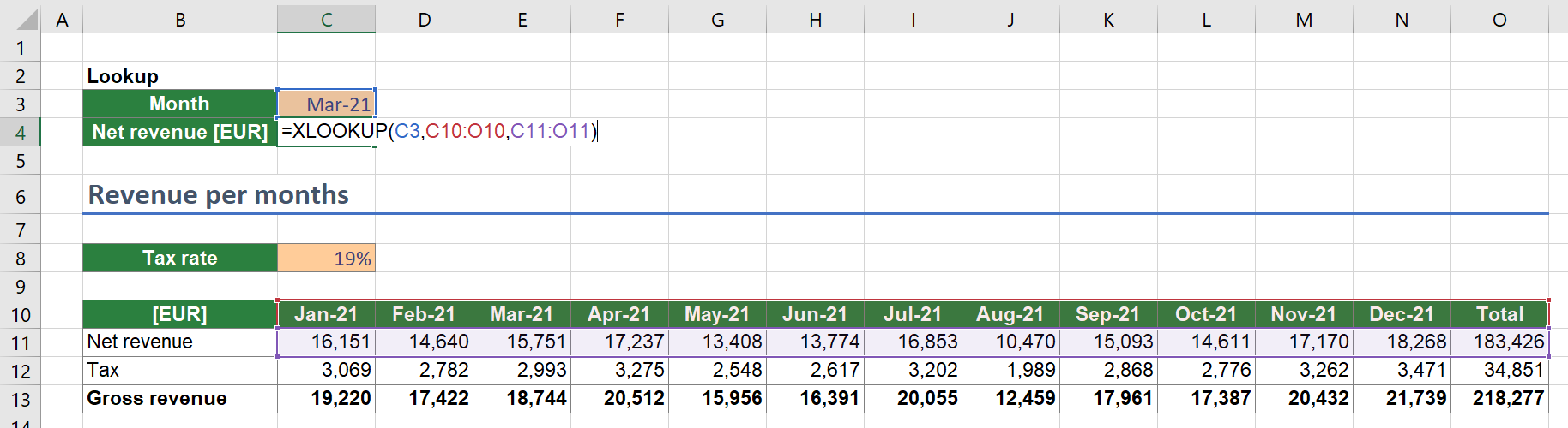 Example for a horizontal XLOOKUP function in Excel.