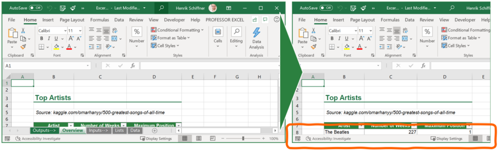 Hide the sheet tabs and scroll bars for Excel screen sharing.