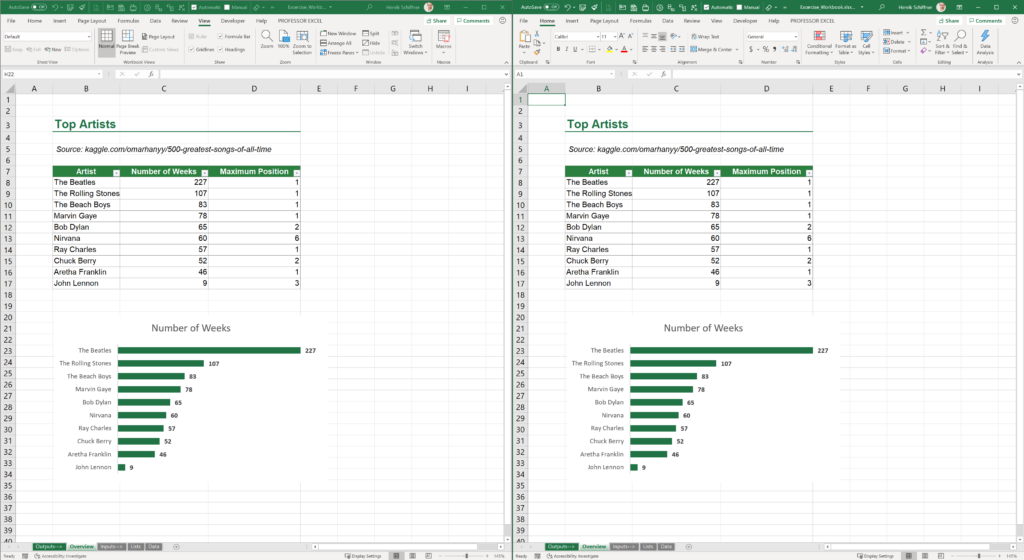 You can show the Excel file in two windows. If you use multiple displays, you can put each window on one screen.