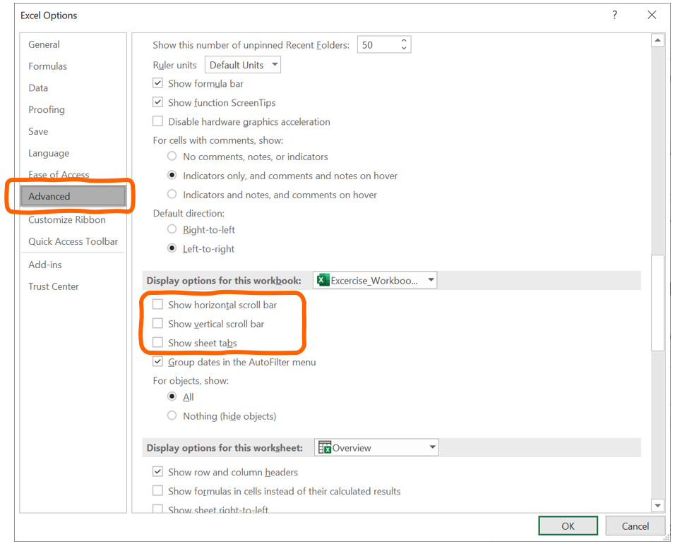 In the options window, untick Show sheet tabs and scroll bars.