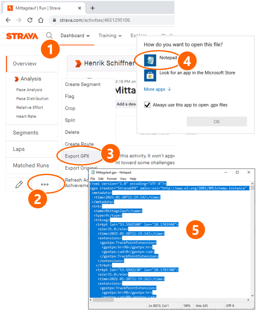 Step 1: Download activity as "GPX" from your Strava account file and copy the data.