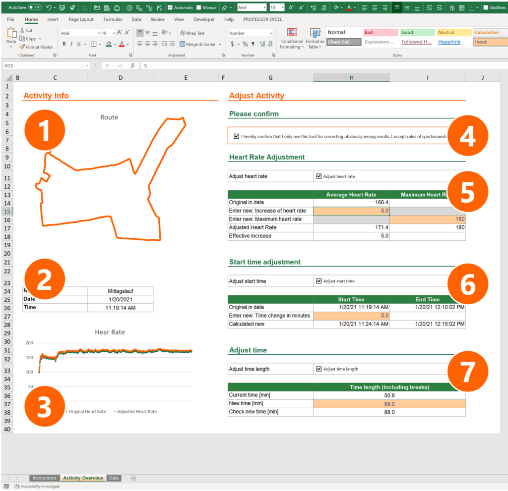 Overview of the Strava / Garmin activity in a comprehensive Excel dashboard.