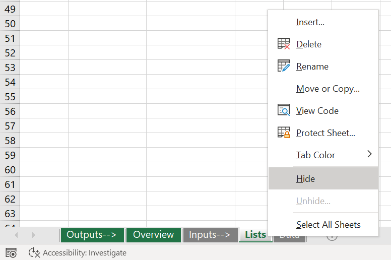 Hide worksheets when you present Excel file.
