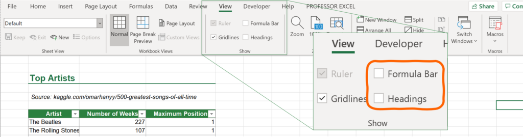 Present Excel file with hidden formula bar.