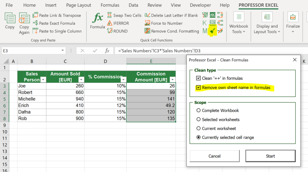 Professor Excel Tools can automatically clean the functions and remove own worksheet names. 